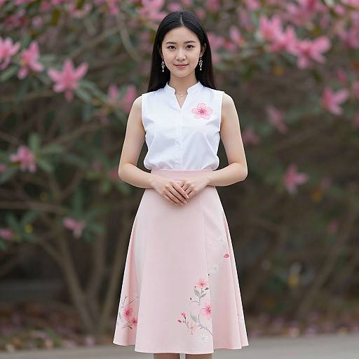Photograph of an Asian woman with long black hair, wearing a white sleeveless blouse and pink floral skirt, standing in front of blooming pink flowers
