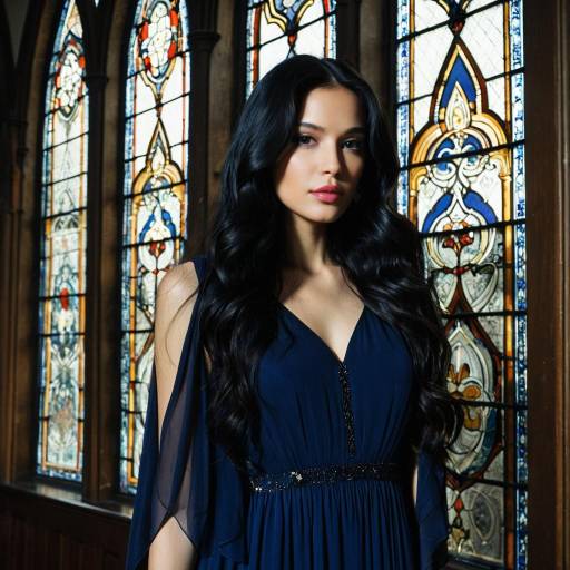 Elegant Woman in Midnight Blue Gown by Stained Glass