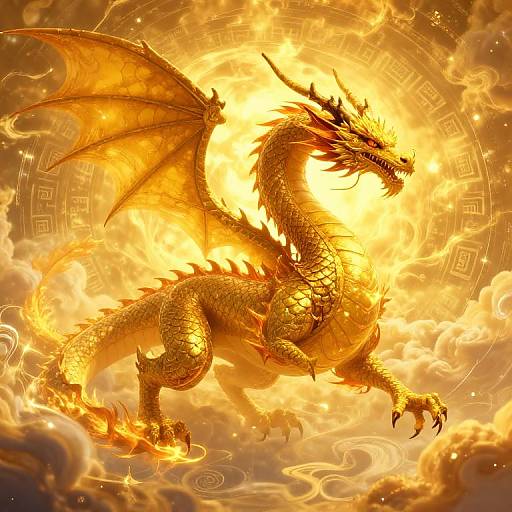 Golden Dragon Soaring Through Mystical Sky