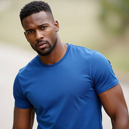 Photograph of a muscular Black man with short hair and beard, wearing a tight blue t-shirt, looking seriously into the camera outdoors.