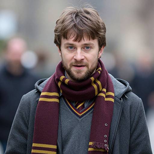 Photograph of a bearded man with brown hair, blue eyes, wearing a dark gray hoodie, maroon scarf with yellow stripes, standing outdoors,