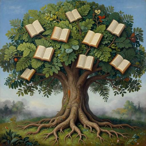 Digital painting of a wise, ancient tree with thick roots, lush green leaves, and open books floating in the branches.