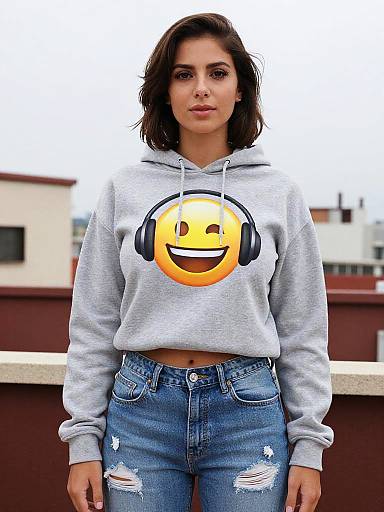 Photograph of a young woman with shoulder-length brown hair, wearing a gray hoodie with a smiling emoji and headphones, and ripped blue jeans, standing outdoors