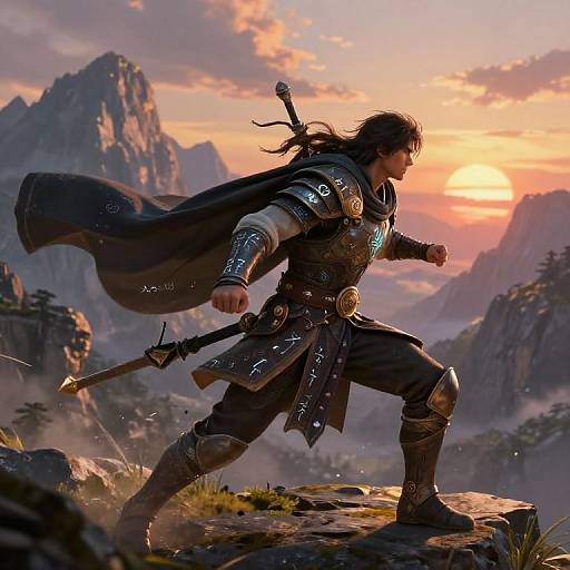 Digital fantasy artwork: Muscular male warrior with long black hair, dark armor, and flowing cape, stands on rocky cliff at sunset, mountains and clouds