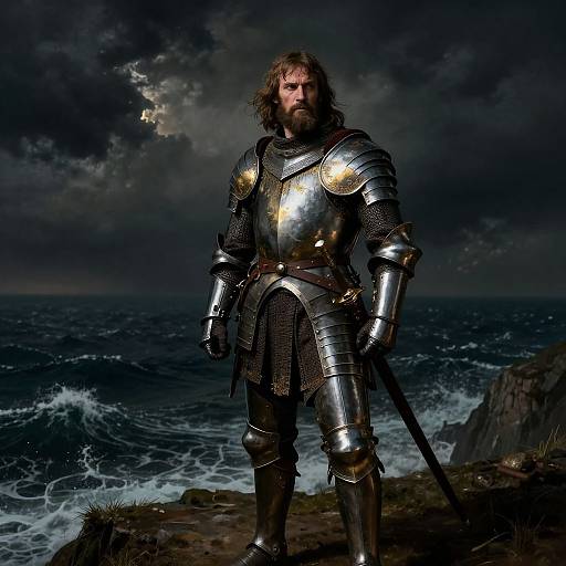 Photorealistic digital art: Bearded warrior in gleaming medieval armor stands on rocky cliff, holding sword, facing stormy ocean under dark, cloudy