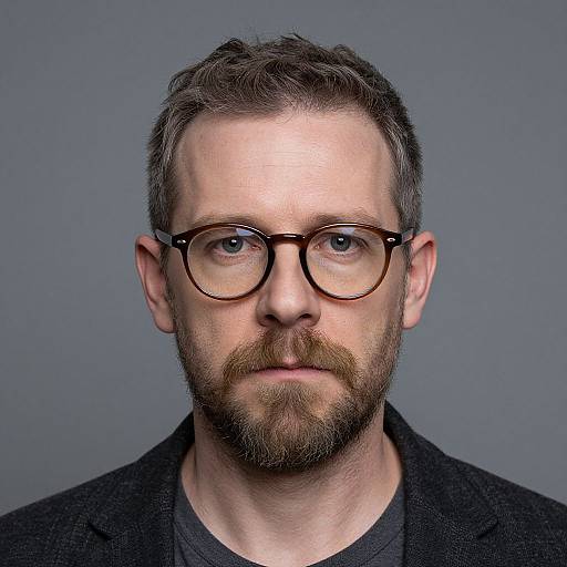 Photograph of a bearded white man with glasses, short brown hair, and a serious expression, wearing a black jacket against a gray background.
