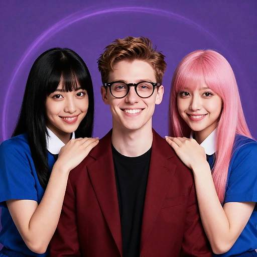 Smiling Trio with Colorful Hair and School Uniforms