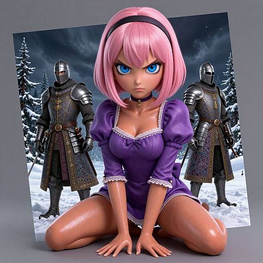 Digital artwork of a pink-haired anime girl with blue eyes, wearing a purple dress, kneeling in front of two armored knights in a snowy forest.