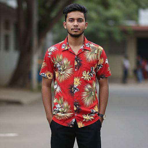 Photograph of a young man with medium brown skin, short black hair, and stubble, wearing a red Hawaiian shirt with palm and flower patterns,