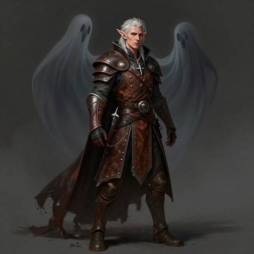 Digital fantasy art of a white-haired, armored, elven warrior with ghostly wings, standing sternly, dark background, wearing brown leather and metal
