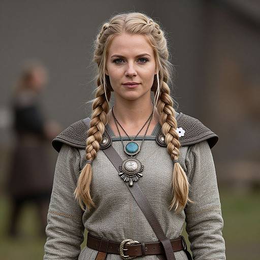 Photograph of a blonde woman with braided hair, wearing a grey medieval-style dress, large blue pendant, brown belt, and shoulder armor, standing