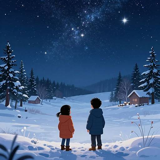 Digital anime-style drawing of a snowy night, two children in red and blue coats, standing in snow, gazing at a starry sky, surrounded