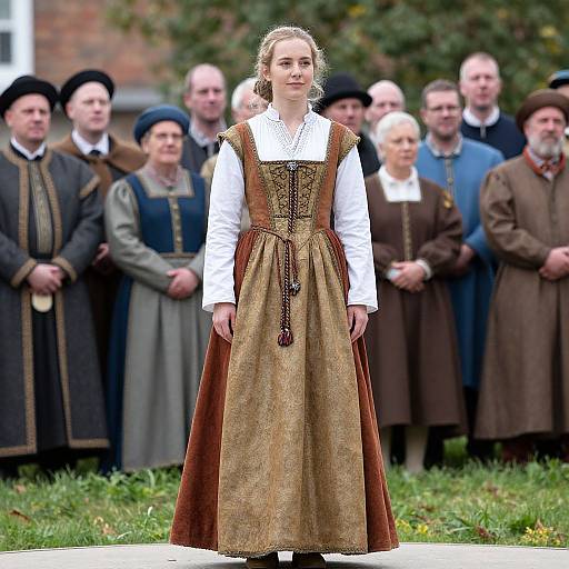 Photograph of a young woman in a traditional, medieval-style brown dress with white blouse, standing in front of a group of older adults in similar period