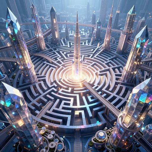 Digital artwork of a futuristic cityscape featuring a glowing, illuminated maze at the center surrounded by towering, crystal-like skyscrapers with colorful lights.