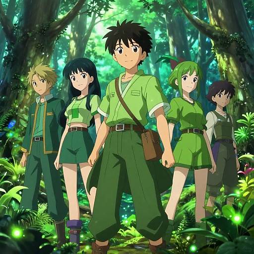 Anime-style forest scene with five characters in green uniforms: central black-haired boy, flanked by girls and blond-haired boy, all standing amid glowing green