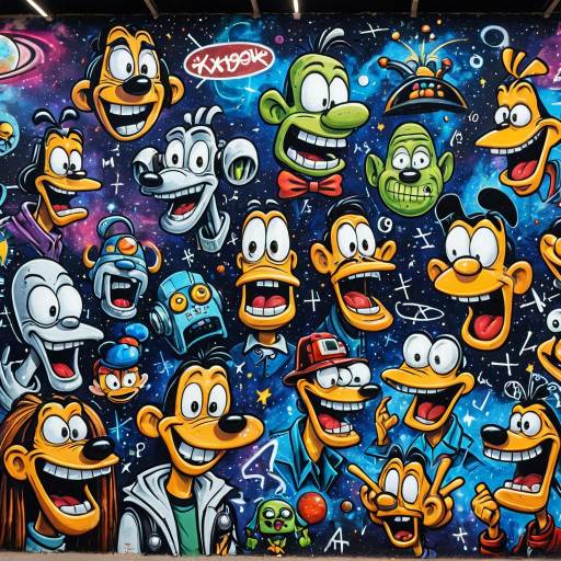 Colorful Graffiti of Goofy Cartoon Faces with Galaxy Background