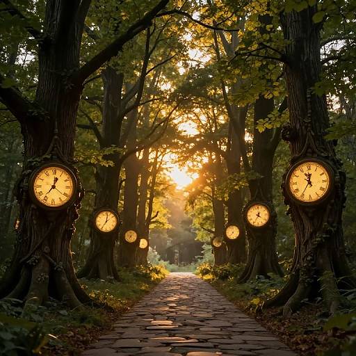 Mystical Forest with Glowing Clocks on Trees
