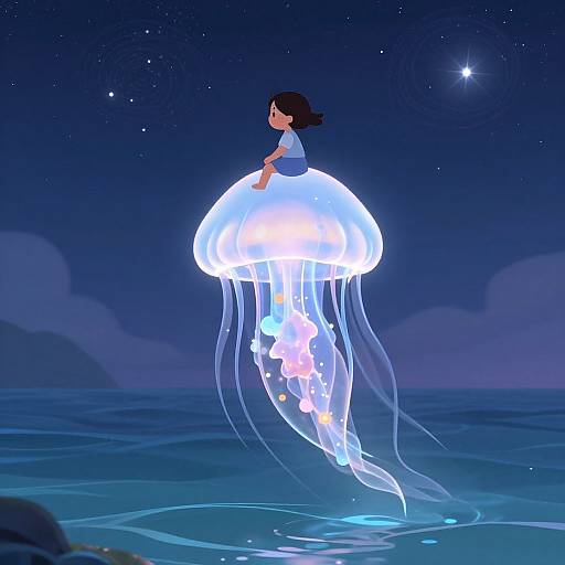 Digital illustration of a girl with black hair sitting on a glowing blue jellyfish, floating in a starry night sea.