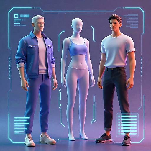 Digital CGI image of three figures: blonde man in blue jacket, white woman mannequin in white sports bra and pants, and dark-haired man in