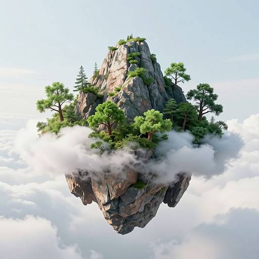 Photorealistic CGI of a floating, rocky island with green pine trees, surrounded by fluffy white clouds in a bright blue sky.