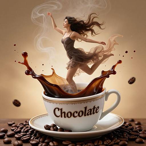 Digital art: A dancing woman in a black dress leaps out of a splashing chocolate tea cup, surrounded by coffee beans and steam. 