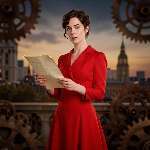 Photograph of a brunette woman in a vibrant red dress, holding a parchment, standing against a sunset cityscape with large gears.