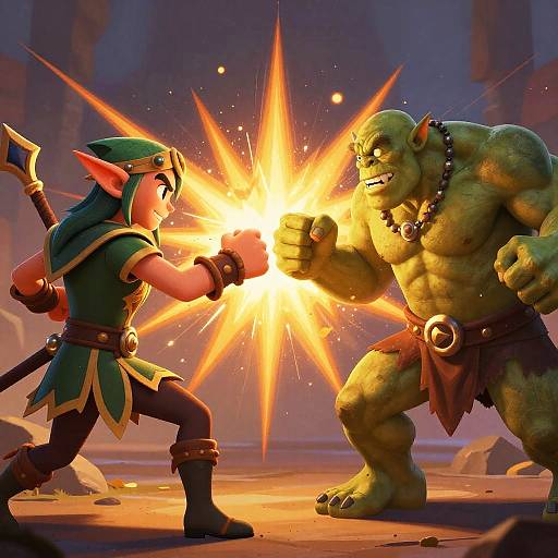 Digital art: A muscular green orc and a pointy-eared elf in green armor clash, with a bright, explosive energy blast between them in a