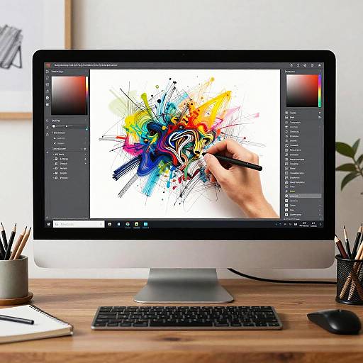 Photograph of a modern desktop setup with a black monitor displaying abstract digital art, surrounded by pencils, a mouse, and a keyboard on a wooden table