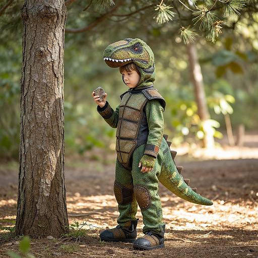 Photograph of a young child in a green dinosaur costume, standing beside a tree in a sunlit forest, holding a small toy.