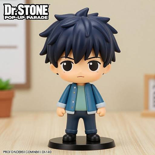 Chibi-style figurine of a cute, serious-looking boy with blue hair, wearing a blue jacket and dark pants. 