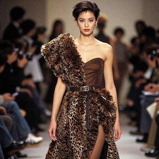 Elegant Asian model with short black hair walks a runway in a strapless brown top and a fur-trimmed leopard print coat. Photograph.