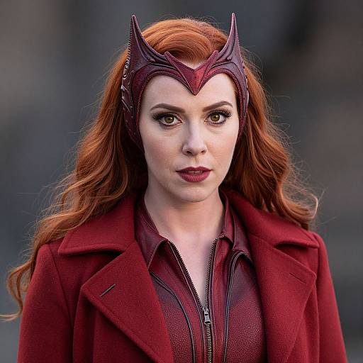 Photograph of a pale-skinned, red-haired woman with a dark red headpiece, wearing a matching coat and leather top, against a blurred dark