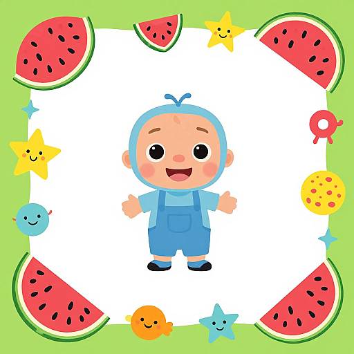 Cute digital illustration of a smiling baby in blue onesie, surrounded by watermelon slices, stars, and colorful shapes on a white background.