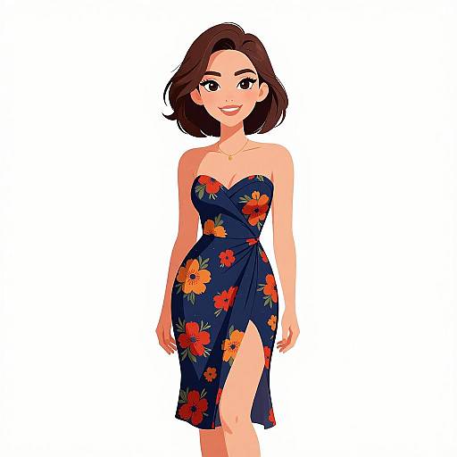 Digital illustration of a smiling woman with short brown hair, wearing a strapless navy dress with orange and red floral patterns, and a high slit, standing
