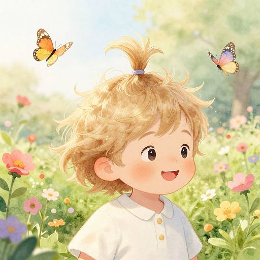 Digital illustration of a smiling blond boy with a ponytail, wearing a white shirt, surrounded by colorful flowers and two butterflies. Sunlit, bright,