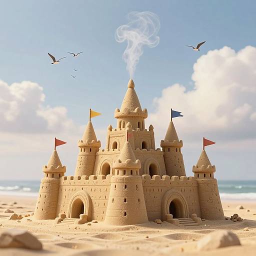 Photograph of a detailed, tan sandcastle with four turrets, flags, and a smoke-like swirl, set on a sunny beach with birds flying