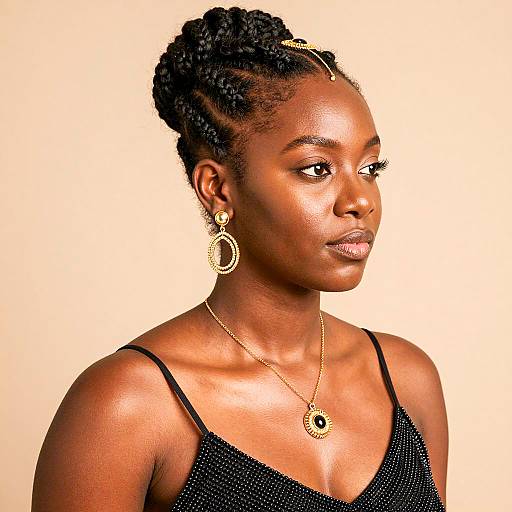 Dark-Skinned Woman with Braided Updo and Gold Jewelry