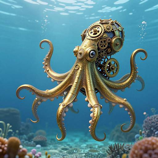 Steampunk-style, golden mechanical octopus with gears and cogs, floating underwater amidst vibrant coral reefs and sunlight rays. Photorealistic CGI artwork