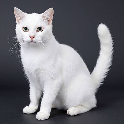 Photograph of a white, fluffy cat with bright green eyes, sitting against a dark blue background, looking directly at the camera.