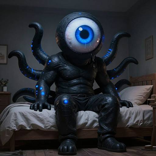 Photograph of a person in a black, textured, octopus-like costume with a glowing blue eye, sitting on a bed in a dimly lit