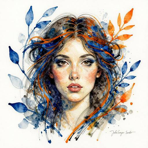 Watercolor portrait of a young woman with wavy brown hair, blue and orange leaf accents, and soft, realistic features by artist Julia Nagy-S