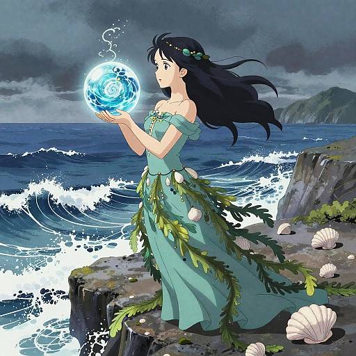 Mystical Sea Sorceress on Stormy Cliff