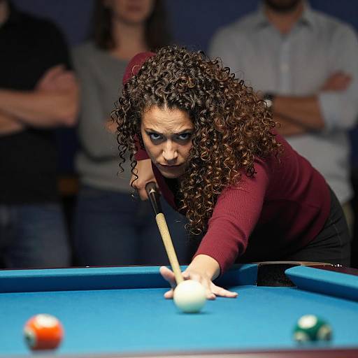 Woman at Pool Table with Intense Gaze