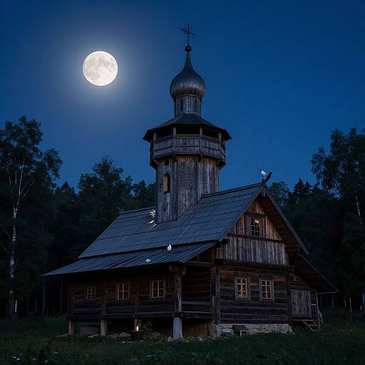 Photograph of a wooden church with a domed tower under a bright full moon, surrounded by dark trees in a deep blue twilight sky.