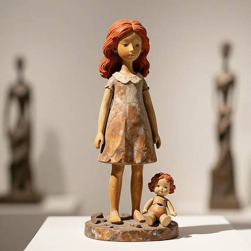 Photograph of a small, wooden sculpture of a red-haired girl in a dress, standing with a seated, miniature version in front. Blurred background