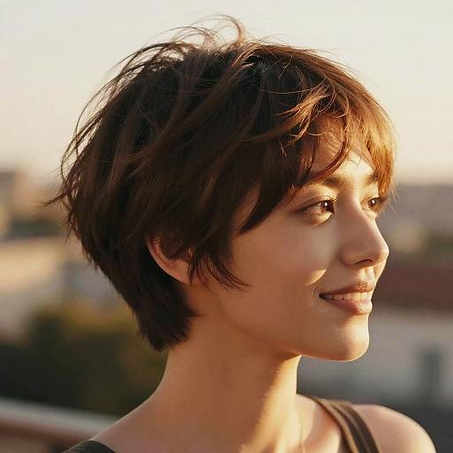 Photograph of a smiling Asian woman with short, tousled brown hair, illuminated by golden sunset light, wearing a black tank top.