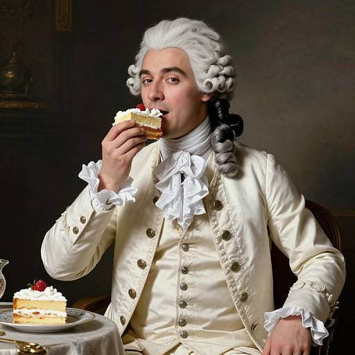Photorealistic digital portrait of an 18th-century man in a white satin suit, eating cake with whipped cream and cherry, in a dimly