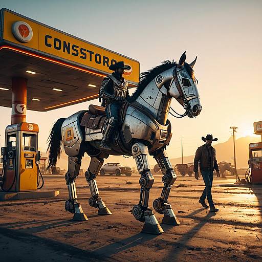 Robot Cowboy with Mechanical Horse at Futuristic Gas Station