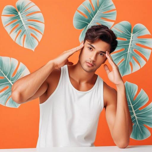 Man in White Tank Top with Tropical Leaves Background