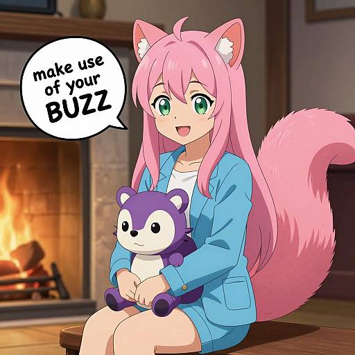 Digital anime-style drawing of a pink-haired girl with fox ears and tail, wearing a blue jacket, holding a purple stuffed animal, sitting by a lit